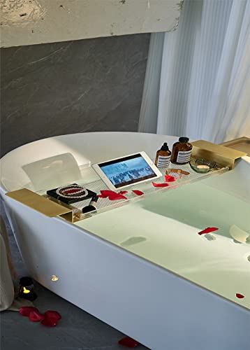 WANLIAN Acrylic Brass Bathtub Caddy Tray, Adjustable Length Bath Caddy Tray Shelf for Shower Storage Organizer - color: Clear-a