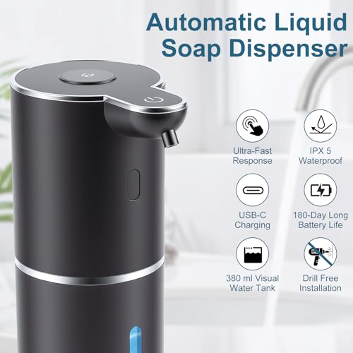 Automatic Soap Dispenser, Hand Soap Dispenser 12.8oz/380ml Smart Rechargeable, Liquid Touchless Soap Dispensers with 6-Level, Wall Mounted or Countertop Dish Soap Dispensing for Bathroom & Kitchen - color: Black