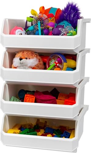 Extra Large Stackable Plastic Storage Bins, 4-Pack, White | Open-Front Stackable Bins For Garage, Pantry, Closet & Office, 14,8"L X 16,5"W X 7"H, Nests When Empty, Durable Plastic, - color: White, size: Extra Large, 4-Pack