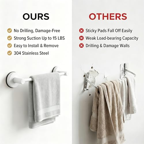 Towel Racks for Bathroom Suction Cup Towel Bar 14.6-24in Adjustable | No Drill Bathroom Towel Holder, Stainless Steel Construction, Heavy Duty Wall Mounted (white) - color: White