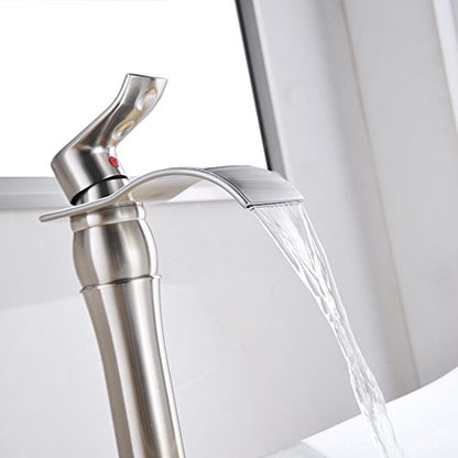 BWE Brushed Nickel Bathroom Vessel Sink Faucet 1 Hole, Modern Style | Single Handle, Wide Waterfall Spout, Ceramic Cartridge, Solid Brass Body, Pop-Up Drain & Water Line Included, Easy Install, - color: Brushed Nickel