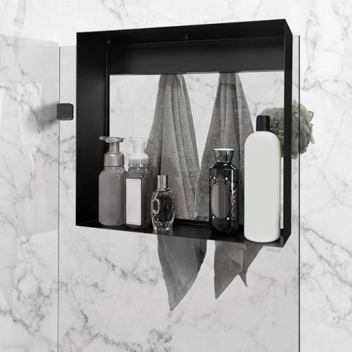 Hanging Shower Shelf with Hooks for Shower Glass Panels | 20"x16" Matte Black 304 Stainless Steel | Bathroom Caddy |No-Drill, No-Rust, Modern Design - color: Matte Black