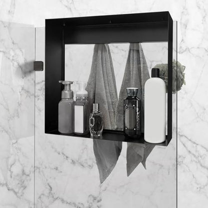 Hanging Shower Shelf with Hooks for Shower Glass Panels | 20"x16" Matte Black 304 Stainless Steel | Bathroom Caddy |No-Drill, No-Rust, Modern Design - color: Matte Black