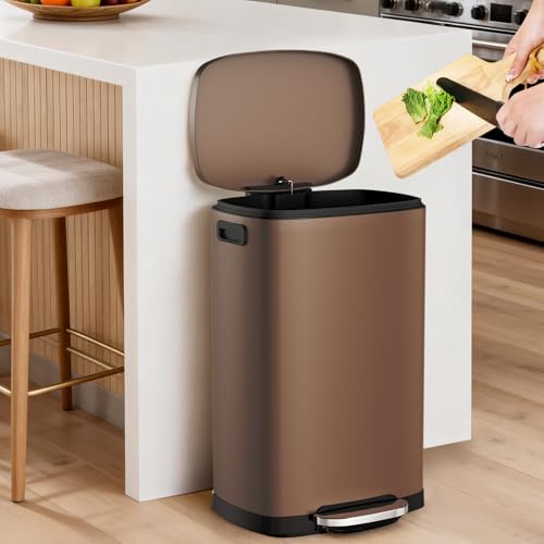 ELPHECO Kitchen Trash Can with Lid 13 Gal Stainless Steel Pedal Garbage Can | Soft Close Lid, Pedal, Heavy-Duty Fingerprint Proof Step Wastebasket with 20 Bags, Removable Bucket, Home Office, Brown - color: Brown