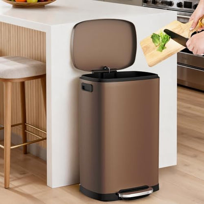 ELPHECO Kitchen Trash Can with Lid 13 Gal Stainless Steel Pedal Garbage Can | Soft Close Lid, Pedal, Heavy-Duty Fingerprint Proof Step Wastebasket with 20 Bags, Removable Bucket, Home Office, Brown - color: Brown
