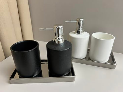 Bathroom Soap Dispenser Set with Tray 3-Piece Countertop Organizer （Black） | Countertop Organizer, With Tray, Pump Dispenser and Cup Black patterned ceramic products - color: Black Texture