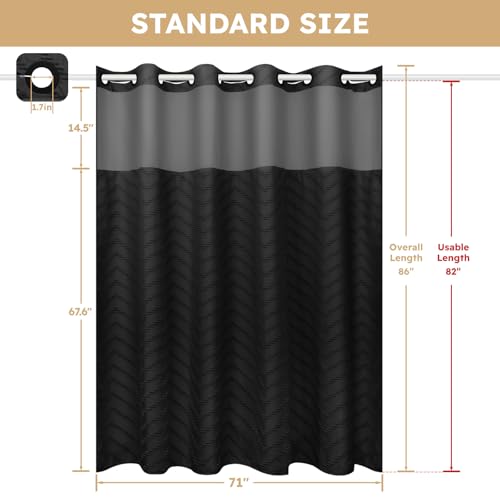 FADOTY Black No Hook Shower Curtain Set with Snap in Liner, 71'' x 86'' | Bathroom Hotel Fabric Curtain, Waterproof Washable Liner, See Through Top Window, Ringless Chevron Tufted Cloth Curtain - color: Black, size: 71"W x 86"L (Pack of 1)