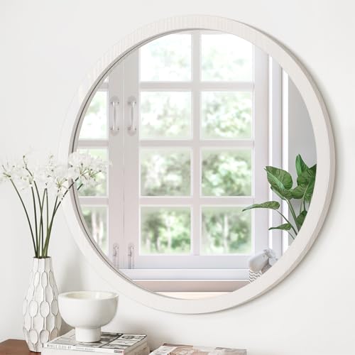 JJUUYOU Wall Mirror 20 Inch Round Wall Mirror for Bathroom Antique Circular Mirror Washroom Wall Decor Wood Frame Mirror for Living Room Bedroom Dorm Decorative - color: Wood White, size: 20"L x 20"W