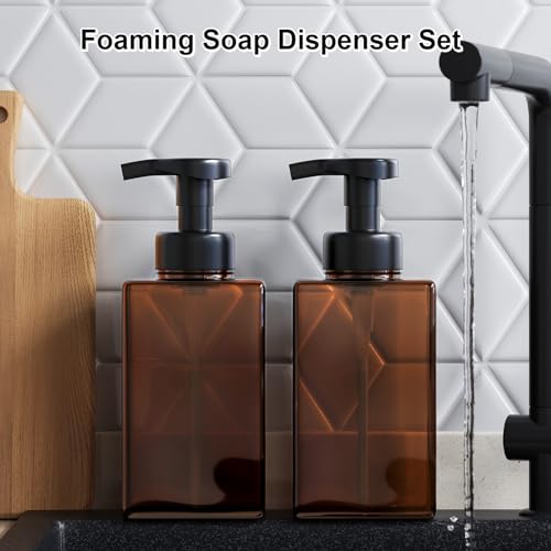 Kzeirm Amber Foaming Soap Dispenser, Refillable Foam Hand Soap Dispenser, Set of 2 Empty Foamer Pump Bottle, Brown Foaming Dispenser Bottles with Black Pump - color: Amber