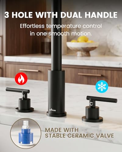 APPASO 4 Hole Black Kitchen Faucet with Pull Down Sprayer & Soap Dispenser | Matte Black Square Neck Kitchen Sink Faucet with Dual Handle, Stainless Steel for 3 and 4-Hole Sinks, Easy to Install - color: 3-Black