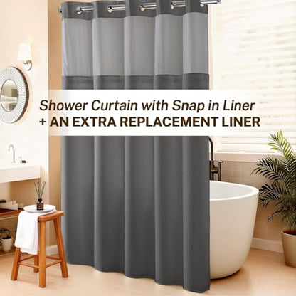 River Dream No Hooks Shower Curtain with 2 Snap in Liner, Gray, 71Wx74H | Waffle Weave, 1 Attached Snap in Liner and 1 Extra Replacement Liner, Bathroom Curtains Shower Set, Hotel Grade, Spa Like - color: Grey