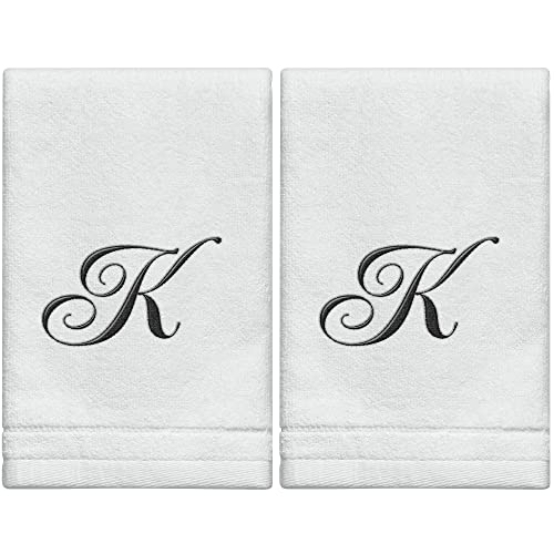 Monogrammed Towels Fingertip, Personalized Gift, 11 x 18 Inches - Set of 2- Black Embroidered Towel - Extra Absorbent 100% Cotton- Soft Velour Finish - For Bathroom/ Kitchen/ Spa- Initial K (White) - color: K
