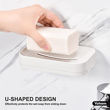 YOHOM 2PCS Adhesive Soap Dish with Drain Tray White Shower Bar Soap Holder Wall Mounted Bathroom Hanging Soap Tray Holder for Tub Plastic - color: Adhesive Soap Dish White