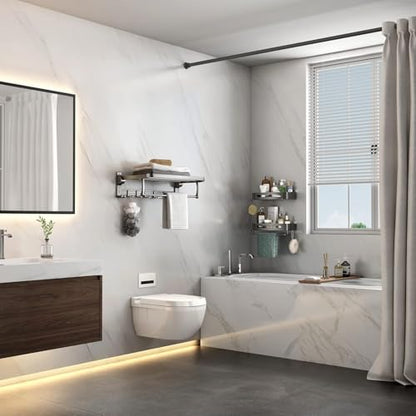 Mustorn Bathroom Towel Rack with Towel Bar and Hooks 23.6 in Foldable Towel Shelf Wall Mounted Lavatory Towel Organizer Modern Gray Finish - color: Matte Gray
