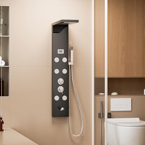 Shower Panels System with Adjustable Rainfall Shower Head and 6 Body Massage Jets, Easy Temperature Control Anti-limescale Bath Screen Shower Head Set Gentle and Rain-Like Spray Handheld Sh