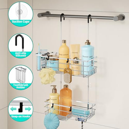 HapiRm Hanging Shower Caddy Organizer - No Drilling Shower Shelves with Hooks and Toothbrush Holder, Rustproof 304 Stainless Steel Bathroom Organizer - Silver - color: Silver