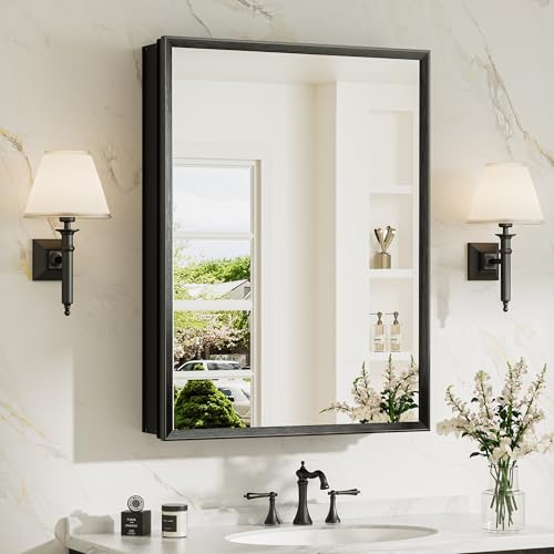 TokeShimi 24 x 32 Black Medicine Cabinet with Mirror, Assembly Required, Bathroom Mirror Medicine Cabinet Wall Mounted, Lightweight, Stepless Adjustable Shelves, Beveled Aluminum Frame - color: Black, size: 24x32 in