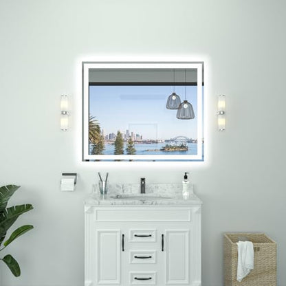 LED Bathroom Mirror 44"x 36", Double Lighting Sources Dimmable, Front and Backlit Bathroom Mirror with Lights, Anti-Fog Lighted Bathroom Vanity Mirror, Tempered Glass (Horizontal/Vertical) | Front & Backlit, Memory Function, HD Tempered Glass Vanity Mirro