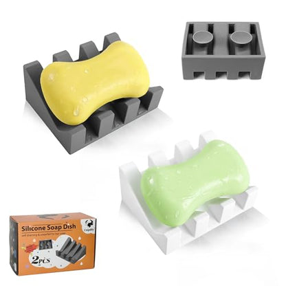 Soap Dish Holder for Shower with Suction Cup, Silicone Soap Holder & Saver Self-Draining Bar Soap Dish Keeps Soap Dry for Bathroom, Kitchen, Bathtub, Extends Soap Life (White+Grey)-2Pack - color: (White + Grey) - 2 Pack