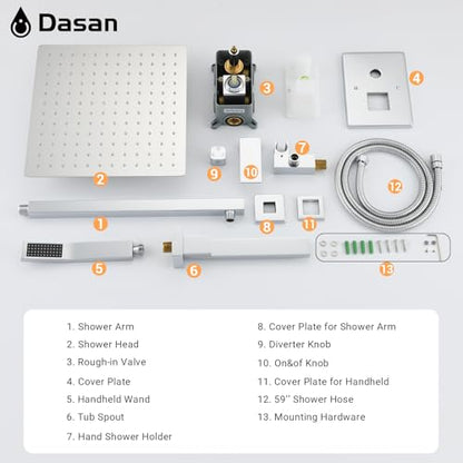 DASAN Tub Shower Faucets Sets Complete Chrome Bathtub Shower System with Tub Spout, Bathtub Faucet Set Tub and Shower Faucet Combo Trim Kit with Rough-in Valve, DA-SS03PC-S10W - color: Chrome