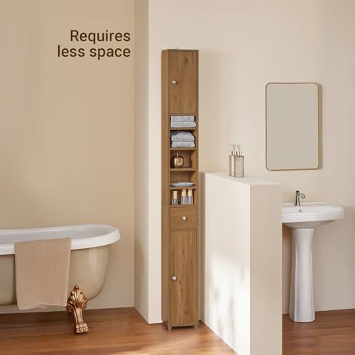 SoBuy Bathroom Narrow Storage Cabinet Skinny Tall Unit with Adjustable Shelves Slender Anti-Tipping Floor Standing Cupboard, Natural BZR34-PF | Slim Freestanding Cupboard Bathroom Storage Unit with Drawer, Compact Water-Resistant Design, Natural 20x20x180