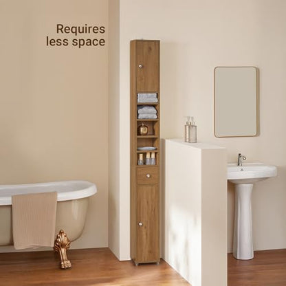SoBuy Bathroom Narrow Storage Cabinet Skinny Tall Unit with Adjustable Shelves Slender Anti-Tipping Floor Standing Cupboard, Natural BZR34-PF | Slim Freestanding Cupboard Bathroom Storage Unit with Drawer, Compact Water-Resistant Design, Natural 20x20x180