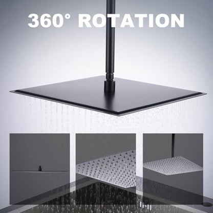 Shower Head,16 Inch Ultra Thin High Pressure Fixed Rain Showerhead Matte Black with Silicone Nozzle - Adjustable Metal Swivel Ball Joint - For the Best Relaxation and Spa