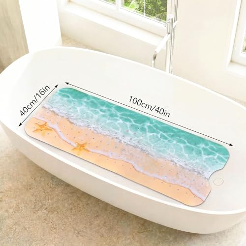 Breling Summer Beach Bathtub Mat Non Slip, 40 x 16 Inch Tub Mat for Bathroom, Starfish Bath Tub Shower Mats with Drain Holes and Suction Cups, Beach Ocean Themed Coastal Bathroom Decor - style: Art Deco