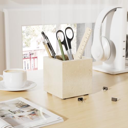 Marble Pen Holders with Natural Patterns,3.9x3.9x3.9in,Travertine | Makeup Brush Holders with Anti Slip Foot Pads, Rectangular Toothbrush Organizer,Natural Stone Utensil Container for Bathroom - color: Travertine