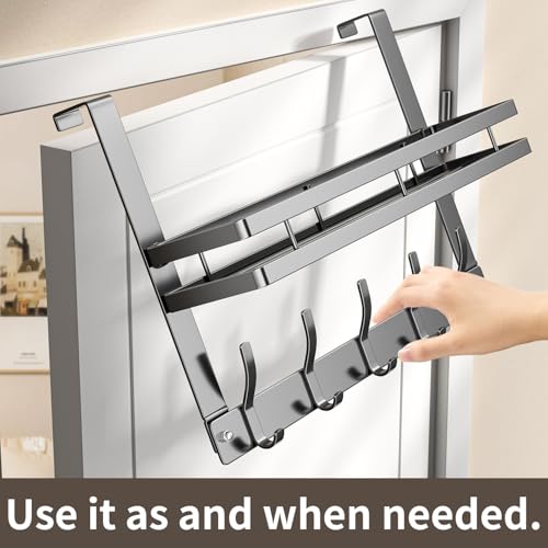 Over The Door Hooks Organizer, Coat Rack Over The Door Storage Hanger Towel Rack with Mesh Baskets and 10 Hooks, Back of Door Storage Organizer for Bathroom, Bedroom, Kitchen, Office (Grey)