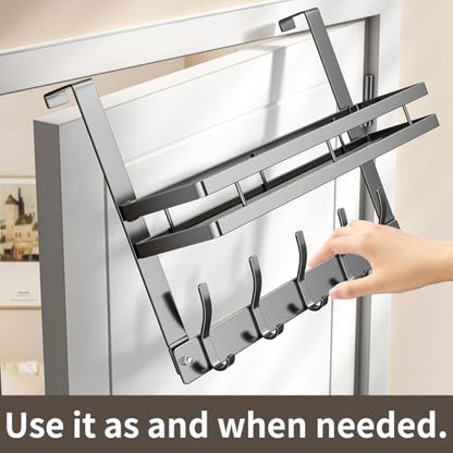 Over The Door Hooks Organizer, Coat Rack Over The Door Storage Hanger Towel Rack with Mesh Baskets and 10 Hooks, Back of Door Storage Organizer for Bathroom, Bedroom, Kitchen, Office (Grey)