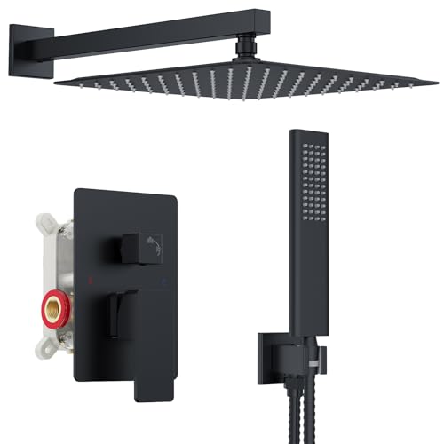 Iriber Shower Set with 12 Inch High Pressure Rain Shower Head and Handheld and Shower Faucet Mixer Valve Modern Shower System Including Pressure Balance Valve Shower Trim Kit for Bathroom,Matte Black - color: Matte Black 05