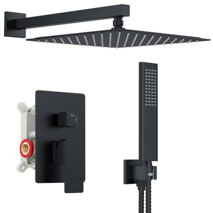 Iriber Shower Set with 12 Inch High Pressure Rain Shower Head and Handheld and Shower Faucet Mixer Valve Modern Shower System Including Pressure Balance Valve Shower Trim Kit for Bathroom,Matte Black - color: Matte Black 05