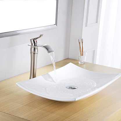 BWE Brushed Nickel Bathroom Vessel Sink Faucet 1 Hole, Modern Style | Single Handle, Wide Waterfall Spout, Ceramic Cartridge, Solid Brass Body, Pop-Up Drain & Water Line Included, Easy Install, - color: Brushed Nickel
