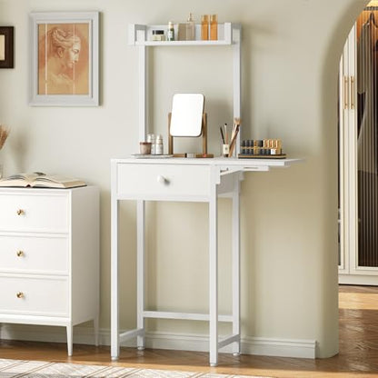 Small Vanity Desk Without Mirror, Makeup Vanity Table for Small Space, Compact White Dressing Table with Fold-up Panel and Fabric Drawer, for Bedroom, Easy Assembly, White