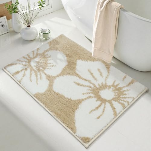 Uphome Bath Mats for Bathroom, 18x26 Modern Floral Bathroom Rug Non Slip, Soft Machine Washable Absorbent Quick Dry Bathroom Mat for Tub, Shower, Floor (Beige) - color: Beige Floral, size: 1'6" x 2'2" (Rectangular)
