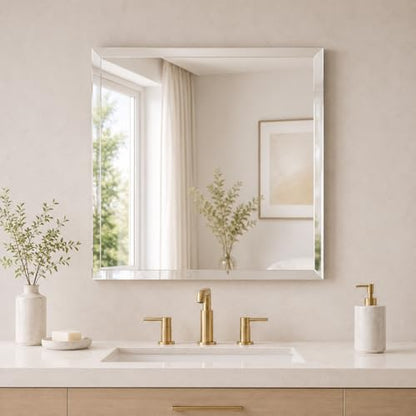 Frameless Square Bathroom Vanity Mirror with Beveled Edge - Shatterproof Wall Mounted Mirror with Safety Backing - 24x24 Inch - Fab Glass and Mirror - size: 24"L x 24"W, style: Square