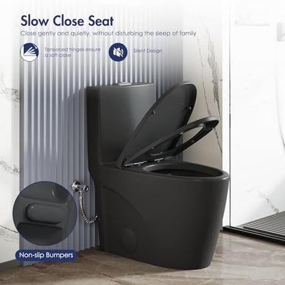 Elongated One Piece Toilet, Dual Flush 1.1/1.6 GPF, Matte Black | ADA Compliant 17" chair height bowl, Powerful siphon dual flush, 12" rough-in, comfort soft closing seat, Matte black toilet - color: Matte Black