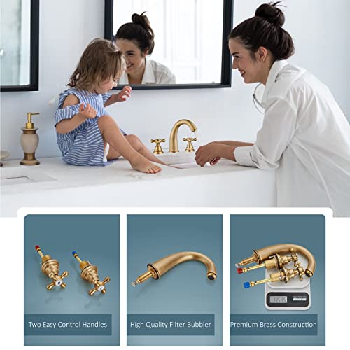 Widespread Bathroom Faucet 3 Hole Sink Faucet 8 Inch Two Cross Handles Solid Brass Deck Mount Pop Up Drain Assembly Included Curved Spout Antique Brass - color: Antique Brass