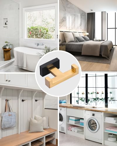Double Bathroom Towel Hook - Modern Gold & Black Tower Holder - Heavy Duty Robe Hooks for Wall - Stainless Steel Shower Towel Hanger - color: Gold & Black