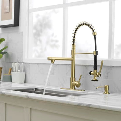 Fapully Commercial Kitchen Sink Faucet with Pull Down Sprayer Brushed Gold | Single Handle Faucets for Kitchen Sink, Kitchen Faucet with Soap Dispenser and Deck Plack for 4 Holes, 1.8GPM Water Flow - color: Brushed Gold, style: Contemporary