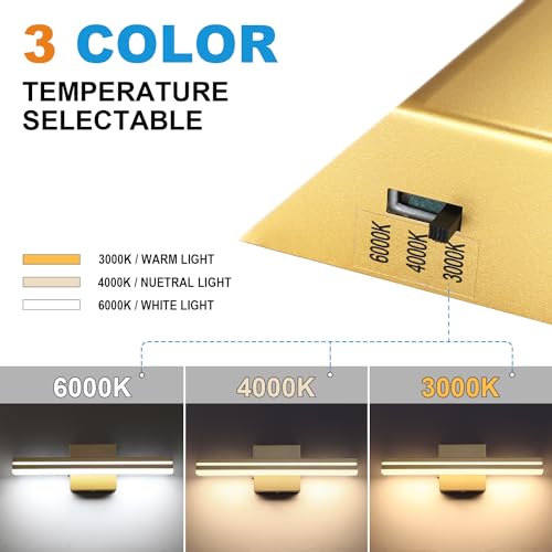 SineRise LED Modern Bathroom Vanity Light Fixtures (16-Inch, 3000K/4000K/6000K, Dimmable), Gold Modern Acrylic Bathroom Wall Lighting Fixtures Over Mirror - color: Gold, size: 16-Inch