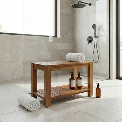 Teak Shower Bench with Shelf, 30” Wide, Shower Stool, Fully Assembled Bathroom Shower Seat, Water-Resistant Spa Bath Bench for Shower, Bathroom & Entryway, The Botein
