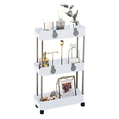 3-Tier Slim Mobile Shelving Unit on Wheels, Slide Out Rolling Bathroom Storage Organizer, Utility Carts Shelf Rack for Kitchen Bathroom Laundry Room Narrow Places, White - color: White - 3 Tier