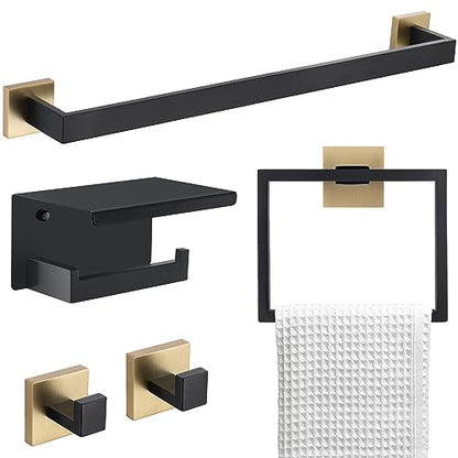 5 Pieces Bathroom Hardware Set Black and Gold Towel Bar Set, Toilet Paper Holder with Shelf, Towel Holder Set in Bathroom, Wall Mounted Stainless Steel, 23.6 Inches - color: Black and Gold