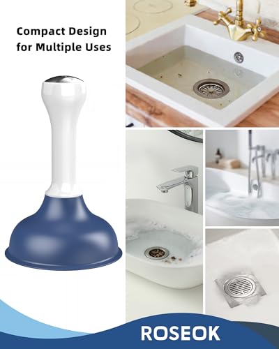 ROSEOK Sink Plunger, Mini Plunger with Short Handle, Powerful Small Plunger | For Bathroom Sinks, Kitchen Sinks, Tubs, Shower Drains, Navy Blue