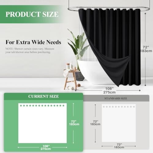 Extra Wide 3 in 1 Waffle Shower Curtain and Liner Set 108x72 Black | 108 Inch Wide, Waterproof Clear PEVA Liner, 256GSM Heavy Duty Fabric, Hotel Luxury Shower Curtains for Bathroom, 18 Hooks - color: A Black, size: 108"W x 72"L (Pack of 1)