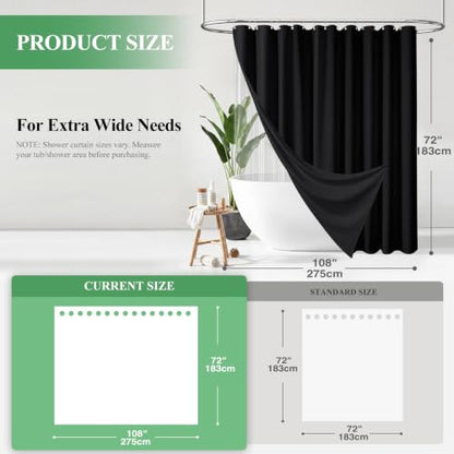 Extra Wide 3 in 1 Waffle Shower Curtain and Liner Set 108x72 Black | 108 Inch Wide, Waterproof Clear PEVA Liner, 256GSM Heavy Duty Fabric, Hotel Luxury Shower Curtains for Bathroom, 18 Hooks - color: A Black, size: 108"W x 72"L (Pack of 1)