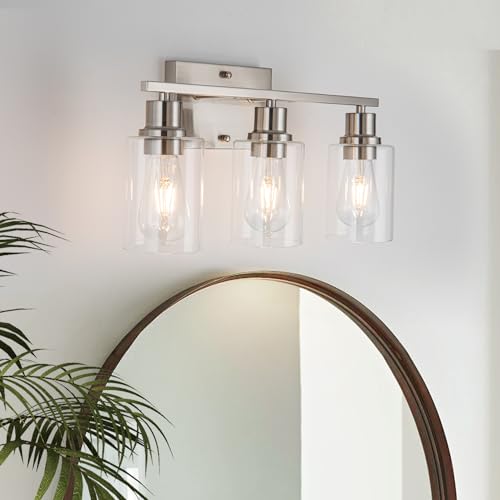 Bathroom Vanity Light Fixtures, 3-Light Brushed Nickel Bathroom Lights, Wall Sconces with Clear Glass Shade for Hallway Farmhouse Bedroom Living Room - color: Nickel 3-Light