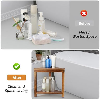 Acacia Wood Shower Stool for Shaving Legs, Corner Bath Shower Bench | Shower Foot Rest with Storage Shelf for Inside Small Shower Spaces, Waterproof Shower Foot Stool for Inside Shower